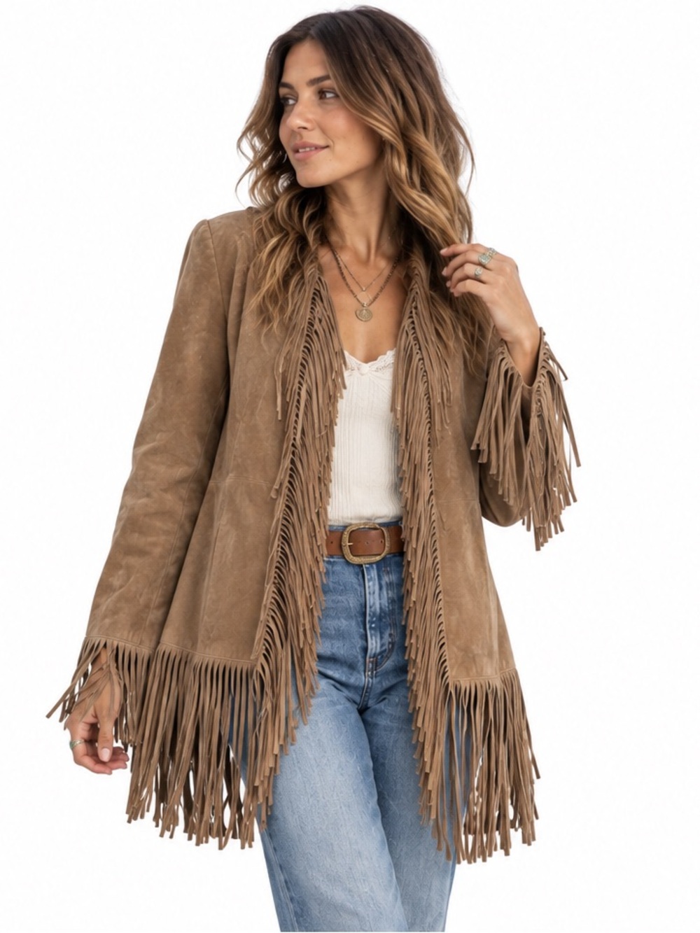 Brown Suede Fringe Western Jacket M Longline Open Front B Lucid Statement